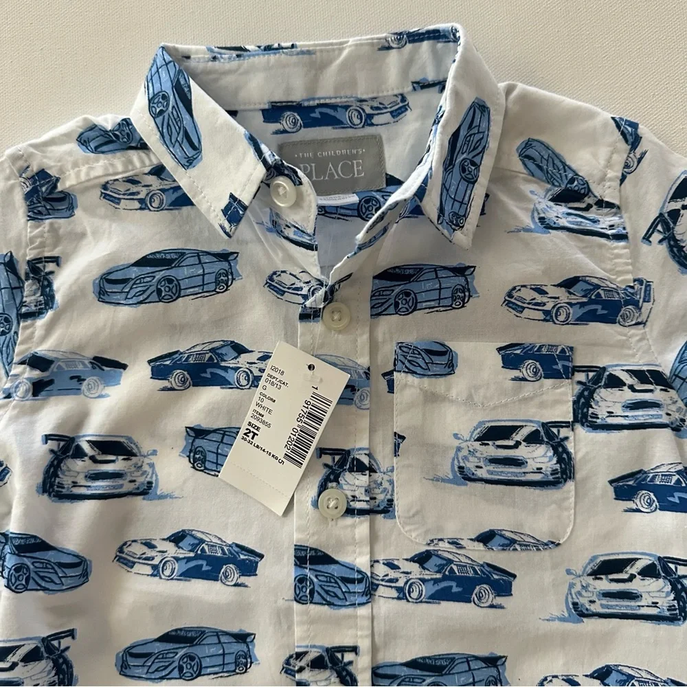 The Children's Place 2T Toddler Boy White Button-Down Shirt Race Car Print NWT